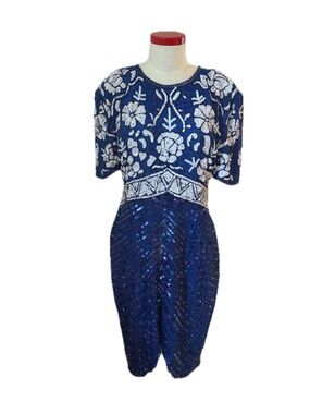 Vintage NWT Navy Blue Midi Dress with White Beadwork $ Sequin